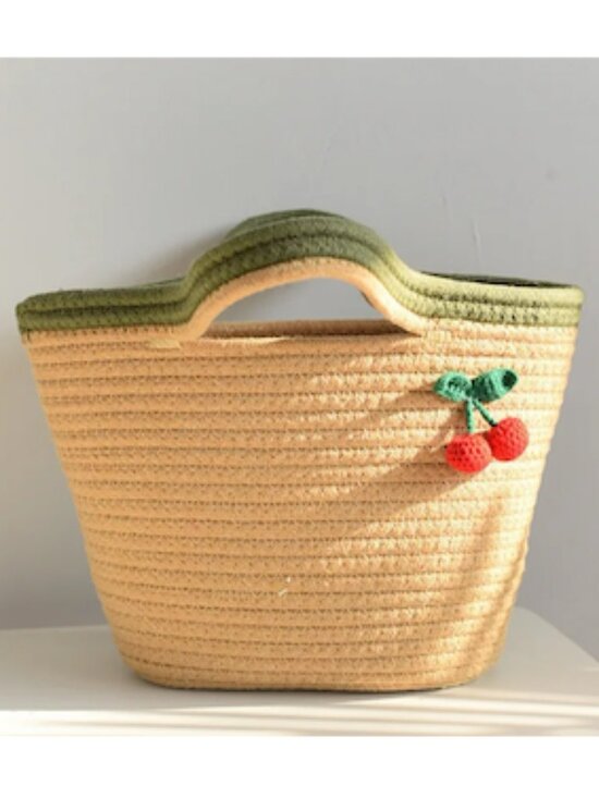 Handbags - Cotton Handwoven Small Cherry Tote Bag Crochet Tan Green Coastal Cottagecore New